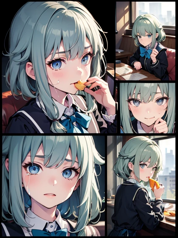 (((beautiful detailed)))(cute face:1.2)1girl, A girl stuffing her mouse with french fries, Girl crying while eating a french fries, Inside a 2000s-style diner, 2024s-style interior, light Navy blue hair, blue eyes, A short-sleeved white shirt with four vertical bow ties, Ahoge, long bob cut with fluffy hair(sharp lines:1.2)(clear line:1.2)(eye details:1.3)(thick border:1.4) animation cel style,ligne claire, limited palette((masterpiece, high quality, best quality))(high contrast: 0.5),Anna yanami, blue hair, blue eyes, school uniform, makeine, too many losing heroines, watercolor pencil, paper texture,Anna yanami, blue hair, blue eyes, school uniform, makeine, too many losing heroines, 