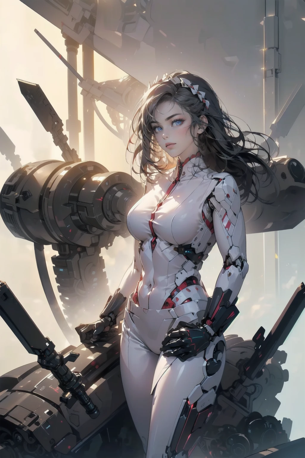 (Full body shot of Yoko Kumada:1.4), (buttock、Opening legs、velocity:1.2)、space art, Yoko Kumada、Various sexy poses、Big ass、Thighs that are about to tear、Digging into the skin、large full breasts、1 cheongsam woman,Standing posture,Transparent robot arm,Slender figure,perfectly proportions,Delicate hair accessories, Smile,Transparent Mechanical Shoes, Oriental elements, ( Bokeh),High quality,4K,。.。.。.。.。.。.。.。.。.。.3D