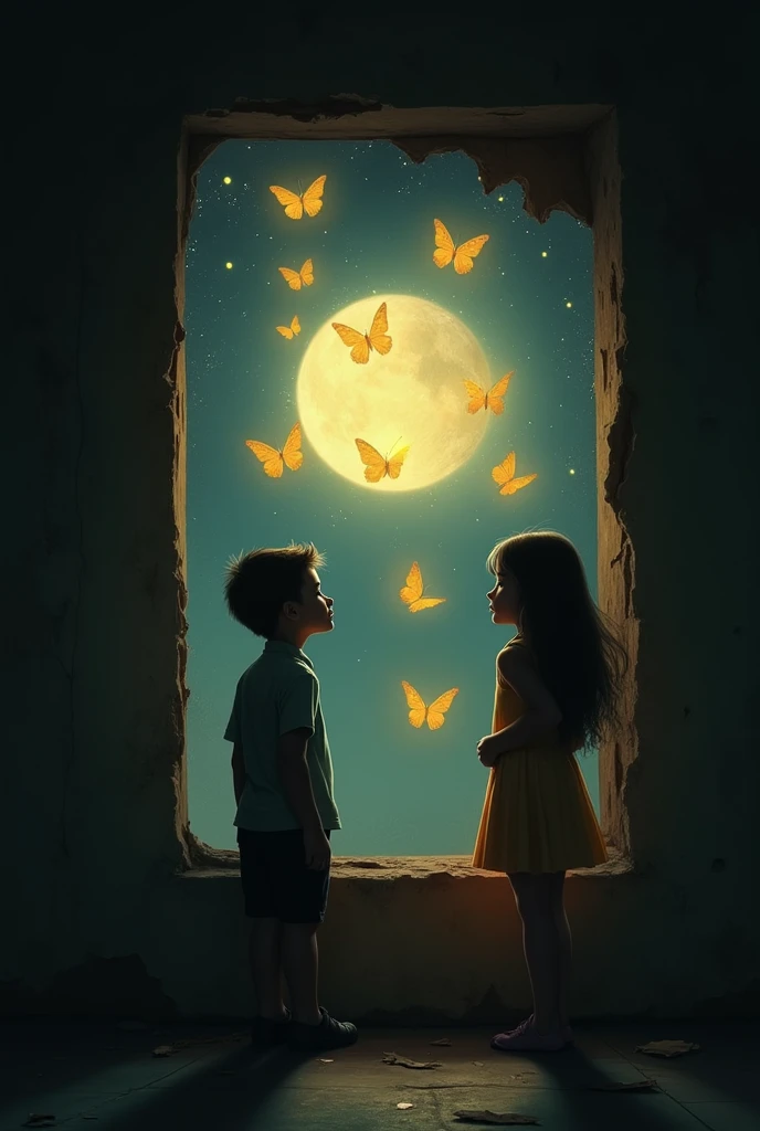 There is a room and a bed in the room, a window left side of the bed, a 18 years girl in black hair white dress sitting on the window, a 18 years boy sitting in the bed, and the background wall is in yellow and painted some red butterfly over the wall, other wall of the room is seagreen color, they are smiling, and the time is night, the girl is actually dead but she came all way along to meet her friend for the last time,