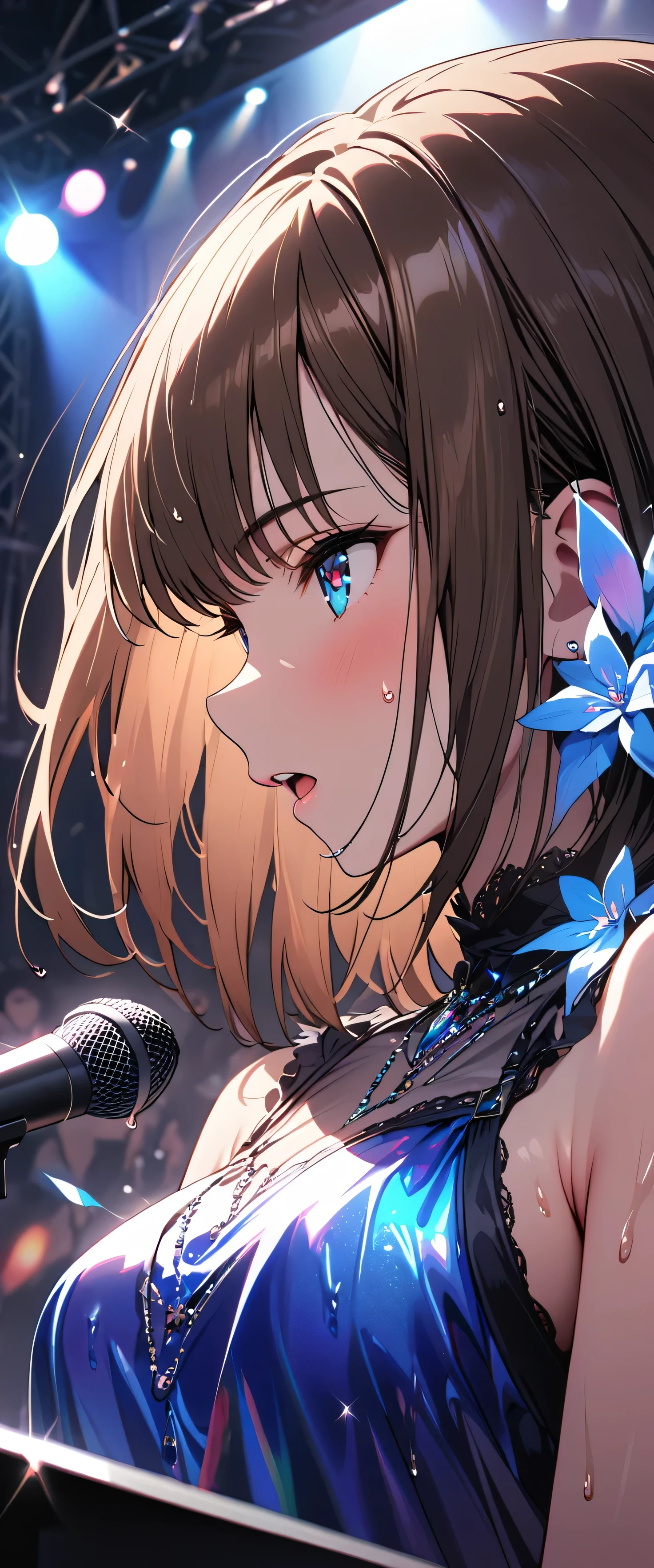 (beautiful girl: 1.3),1girl,masterpiece, Highest quality, Ultra-high resolution,rich contrast,super high quality,8k,Highly detailed CG unit wallpaper,texture,Incredibly absurd,Ultra-high resolution,RAW Photos,Depth of Field 1.2,(Brown Hair,Straight Hair),Ultra-detailed eyes,Glowing Skin,wet,sweat,Glitter effect,Beautiful glossy lips,Live Performance Venues,Super large stage,(Blue transparent dress:1.3),Open your mouth wide,Deliver your songs to the audience with all your heart,Giant monitor,(profile:1.5),microphone