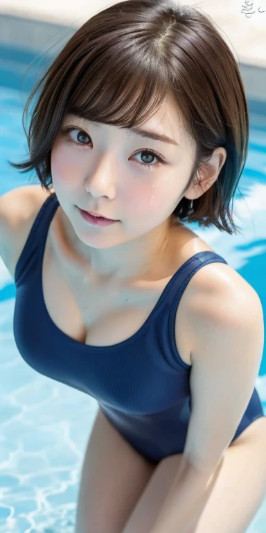 Japanese female 1 person、1, ,  bob hair、Close up shot of buttocks looking up from under the ground、sweating、wearing a white swimsuit，Accentuate your cleavage，lips are a little red，Cheeks are a little red，Pool