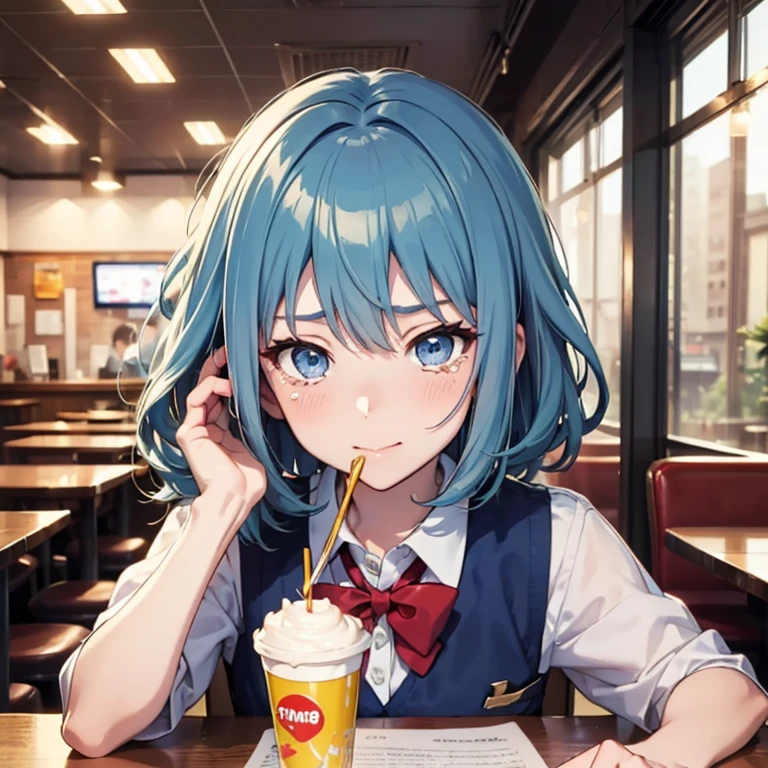 (((beautiful detailed)))(cute face:1.2)1girl, A girl stuffing her mouse with french fries, Girl crying while eating a french fries, Inside a 2000s-style diner, 2024s-style interior, light Navy blue hair, blue eyes, A short-sleeved white shirt with four vertical bow ties, Ahoge, long bob cut with fluffy hair(sharp lines:1.2)(clear line:1.2)(eye details:1.3)(thick border:1.4) animation cel style,ligne claire, limited palette((masterpiece, high quality, best quality))(high contrast: 0.5),Anna yanami, blue hair, blue eyes, school uniform, makeine, too many losing heroines, watercolor pencil, paper texture,Anna yanami, blue hair, blue eyes, school uniform, makeine, too many losing heroines, 