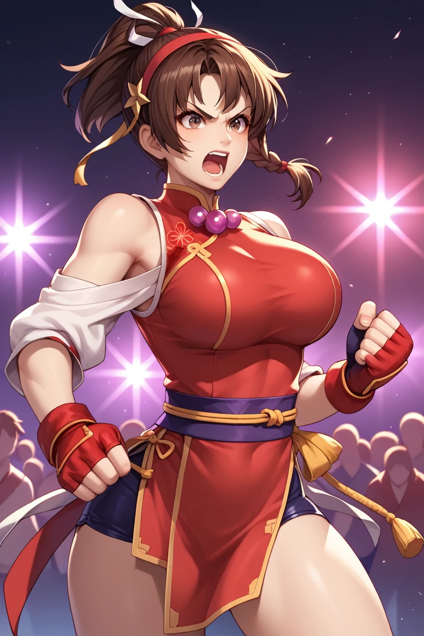 score_9, score_8_up, score_7_up,score_6_up, score_5_up, score_4_up , 1girl, solo, huge breasts, ysakazaki, ((dougi)), ((spandex)), fingerless gloves, , brown hair, brown eyes, single braid,, AthnaKOFXV, purple hair, purple eyes, short hair, red hairband,pearl (gemstone), off-shoulder, white sleeves, fingerless gloves, short china dress, thighs, , maishirandg,, pelvic curtain, japanese clothes, sleeveless, sash, no bra, obi, fingerless gloves, , Brown hair, brown eyes, high ponytail, ((open mouth, argue, argument, arguing)), angry, cowboy shot, stage lights, concert, stage