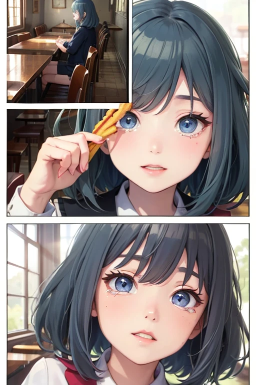 (((beautiful detailed)))(cute face:1.2)1girl, A girl stuffing her mouse with french fries, Girl crying while eating a french fries, Inside a 2000s-style diner, 2024s-style interior, light Navy blue hair, blue eyes, A short-sleeved white shirt with four vertical bow ties, Ahoge, long bob cut with fluffy hair(sharp lines:1.2)(clear line:1.2)(eye details:1.3)(thick border:1.4) animation cel style,ligne claire, limited palette((masterpiece, high quality, best quality))(high contrast: 0.5),Anna yanami, blue hair, blue eyes, school uniform, makeine, too many losing heroines, watercolor pencil, paper texture,Anna yanami, blue hair, blue eyes, school uniform, makeine, too many losing heroines, 