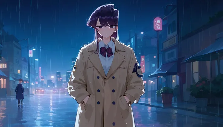 komi shouko, 1girl,night city,rain,coat,hands in pockets