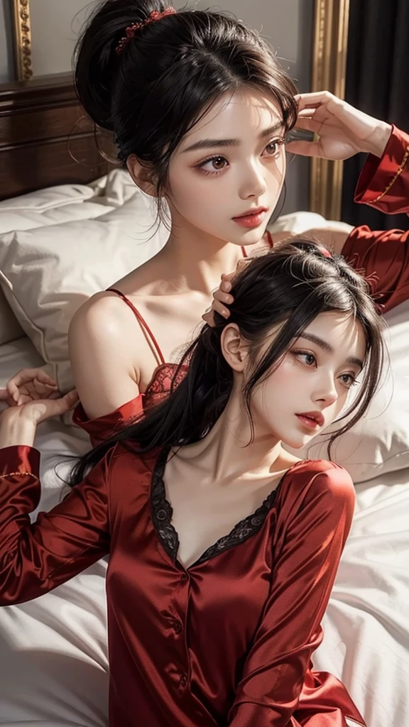 (Aesthetic, Hi-Res: 1.2), Professional Photographer, A slight smile, Revealing art, varying hair styles and colors, wearing a boby red Santa Claus outfit, session At night, the light from candles highlights the beauty. Intimate moments, Sexual liberation, Passionate mood, Seductive expressions, Delicate features, Sexy lips, Wet lips, Seductive half-closed eyes, Seductive look, Provocative pose , Strong lighting, Vivid colors, Intimate setting.