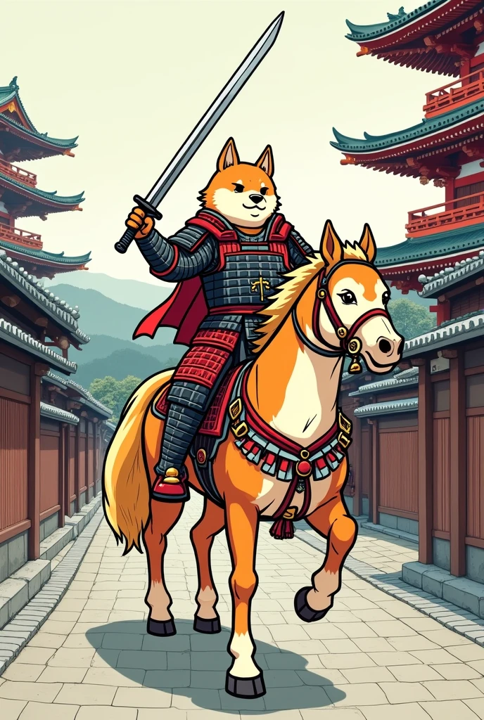 An anthropomorphic horse in full samurai armor, Realistic, Stand in front of the temple, Under the moonlight, Looking up from below