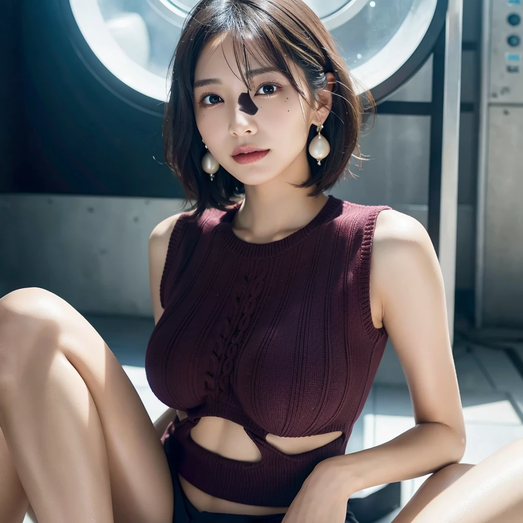 extreme close-up of beautiful korean female, 34 inch breasts size, brown short hair, wearing crop top, playing bass, bokeh background, UHD