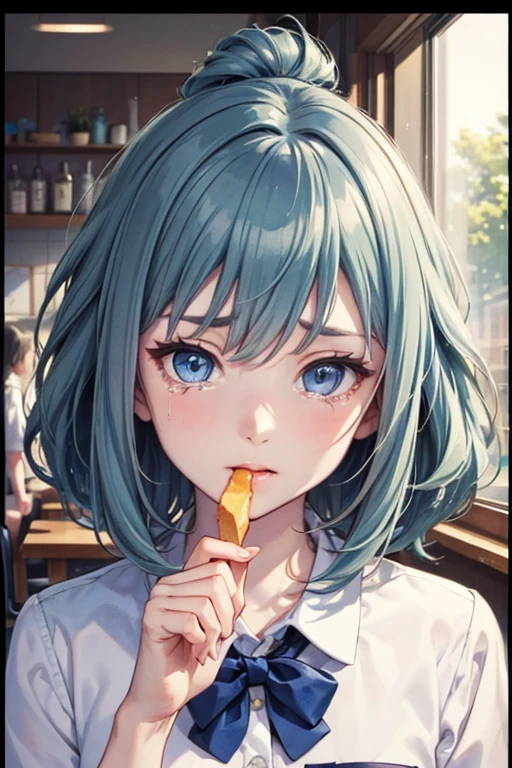 (((beautiful detailed)))(cute face:1.2)1girl, A girl stuffing her mouse with french fries, Girl crying while eating a french fries, Inside a 2000s-style diner, 2024s-style interior, light Navy blue hair, blue eyes, A short-sleeved white shirt with four vertical bow ties, Ahoge, long bob cut with fluffy hair(sharp lines:1.2)(clear line:1.2)(eye details:1.3)(thick border:1.4) animation cel style,ligne claire, limited palette((masterpiece, high quality, best quality))(high contrast: 0.5),Anna yanami, blue hair, blue eyes, school uniform, makeine, too many losing heroines, watercolor pencil, paper texture,Anna yanami, blue hair, blue eyes, school uniform, makeine, too many losing heroines, 