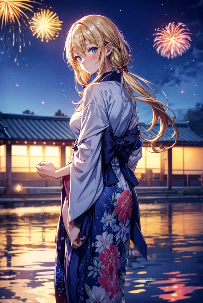 anime, woman, standing, looking away, blushing, semi long, low twintails, wavy hair, blonde, gradient hair, blue eyes, with sparkling eyes, shiny skin, slender, yukata, adult, looking up, in the Japanese festival, with fireworks, at night, cowboy shot, back shot, dynamic angle, cowboy shot, moonlight,