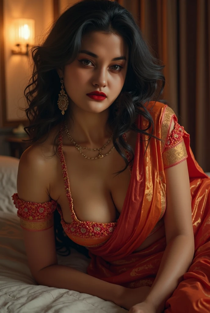 young Indian girl looks like a top tollywood actress, 18-year-old, bedroom dress, gentle lighting, intricate facial details, flawless complexion, full body picture, top-notch 3D rendering, hyper-realistic, photorealistic digital art trending on Artstation 8k HD high definition detailed realistic, detailed, skin texture, hyper-detailed, realistic skin texture, armature, best quality, ultra high res, (photorealistic:1.4),, high resolution, detailed, raw photo, 400 camera f1.6 lens rich colors hyper-realistic lifelike texture dramatic lighting, bust cleavage, sensual look, Crimson color sensual dressing, full body lingerie. bulged nipples.