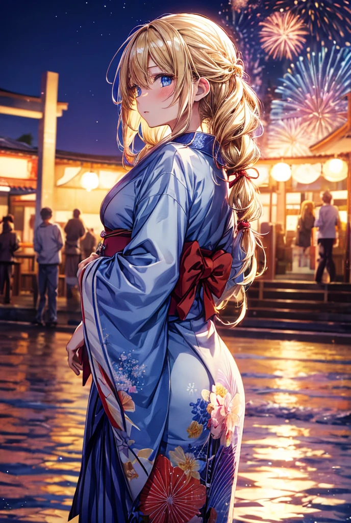 anime, woman, standing, looking away, blushing, semi long, low twintails, wavy hair, blonde, gradient hair, blue eyes, with sparkling eyes, shiny skin, slender, yukata, adult, looking up, in the Japanese festival, with fireworks, at night, cowboy shot, back shot, dynamic angle, cowboy shot, moonlight,