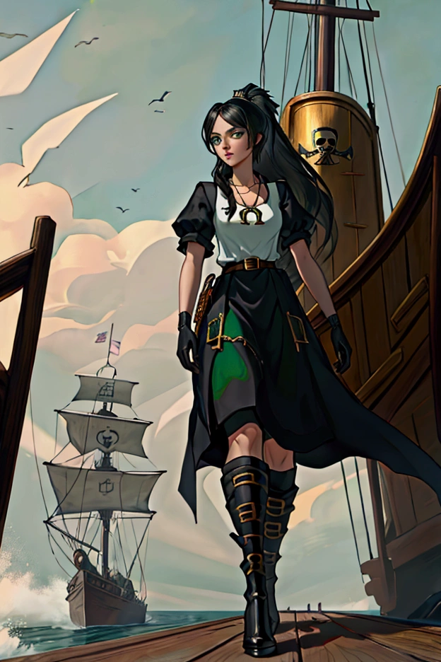 (( As a pirate)), Fubuki would wear a (**Elegant long captain&#39;s coat, Black with gold details, that flutters in the wind as he walks across the deck of his ship. Her wavy black hair would be tied back in a high ponytail., adorned with an emerald green silk ribbon. Her bright green eyes would reflect her determination and cunning.. He would wear tall black leather boots and a belt with a large gold buckle.. on your belt, I would have a fine and elegant sword, with a hilt decorated with emeralds. His hands would be covered by black leather gloves, and around her neck she would wear a necklace with a snowflake-shaped pendant, symbolizing its nickname “Blizzard of Hell”.