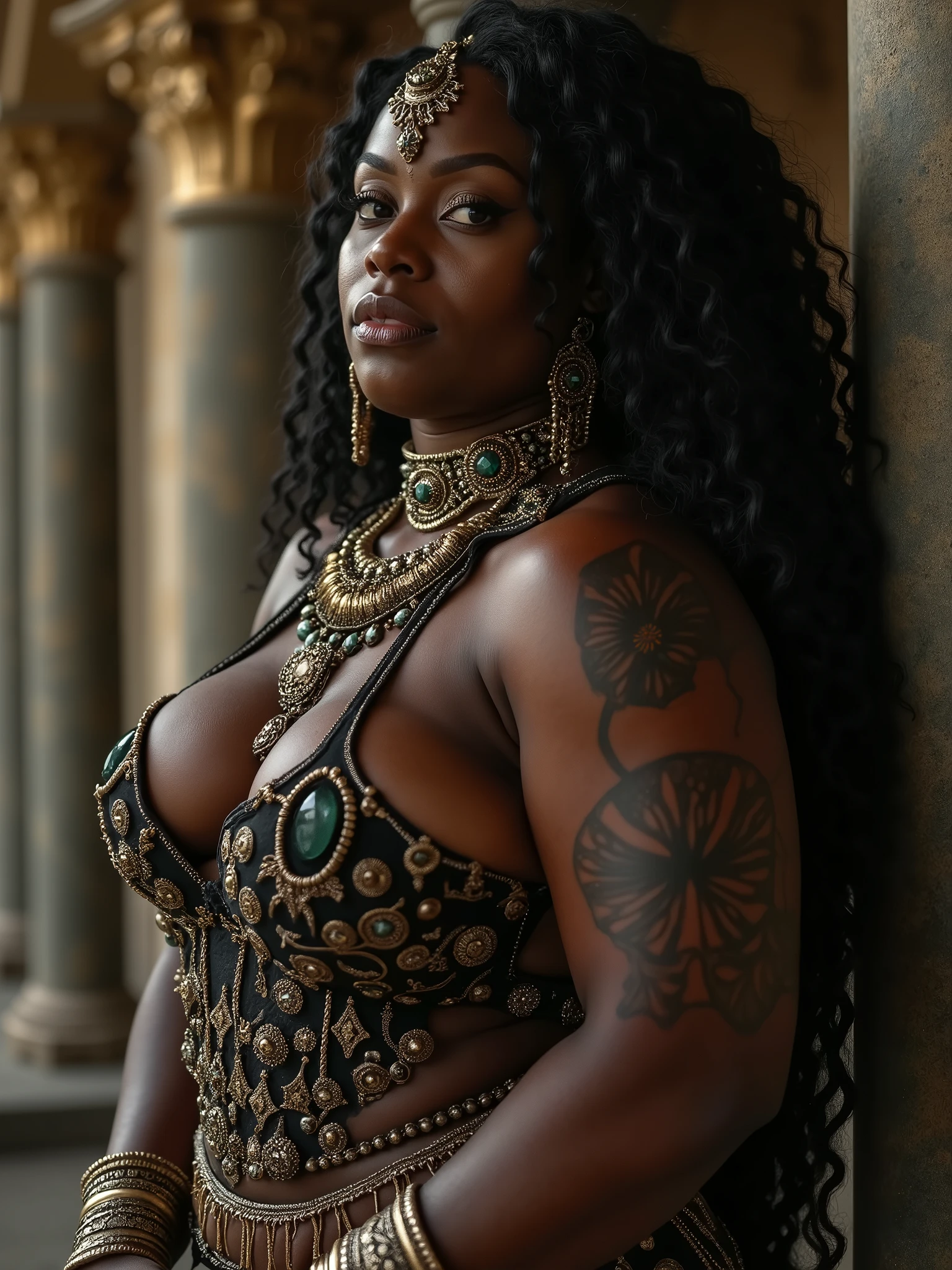 obra prima ,Ultra realista, Foto realism , Beautiful black woman , wet lips , olhos castanhos , cabelo castanhos compridos , soltos ao vento , coxas musculosas , corpo inteiro , (( tatuagem na lateral da perna , tatuagem tribal )) , pele muito detalhada , sexy position , vestido dourado , (( vestido estilo grego dourado )) , brilhante , tudo detalhado , landscape in aphrodisiac background , janela , Amanhecendo , PECADO , luxuria , strong illumination , marcante , 8k