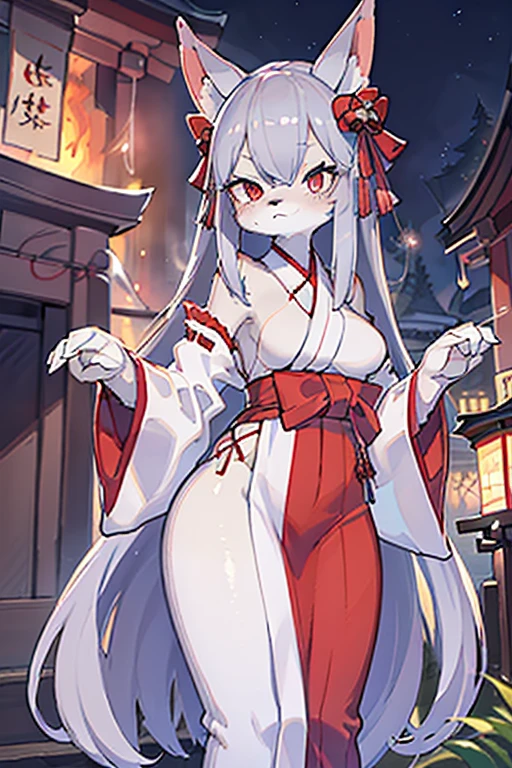 A girl wearing a shrine maiden outfit with cat ears,Half-naked so that her nipples are visible,Show me your pussy