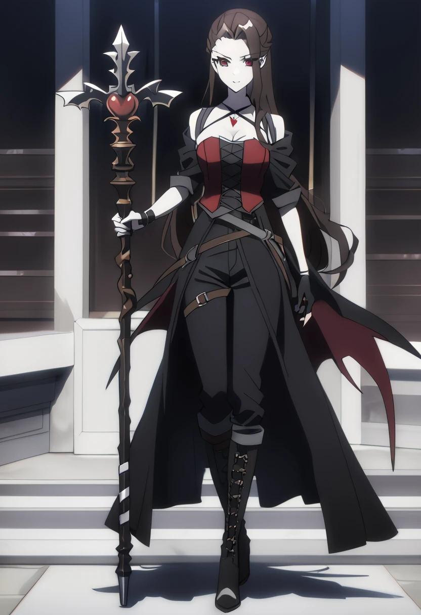 1 true vampire girl, medium length brunette hair with widows peak, dark red eyes, pale skin, wearing assassin fantasy clothing with pants with straps and heeled boots all black gray and brown, holding staff