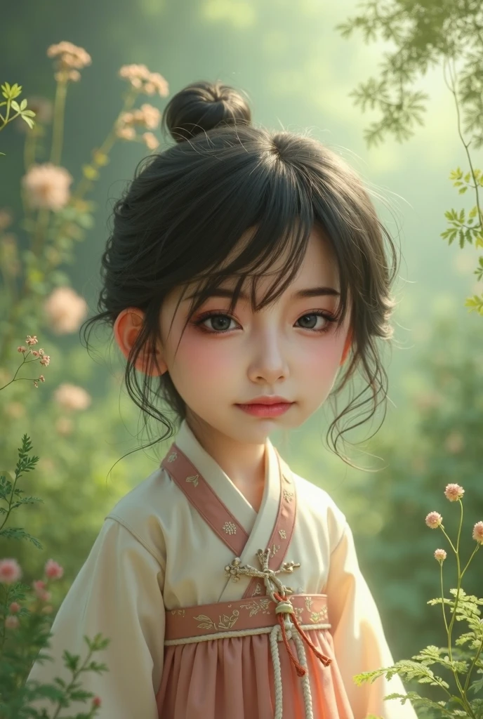 There is a cartoon in dress, Chinese dress, hanbok apron, Chinese costume, Chinese traditional costume, close-up - view, hanbok, wearing ancient Chinese costume, with ancient Chinese costume, palace, a girl in Hanfu, white hanfu, cheongsam, wearing pink flowers Chiton, shadow room, light edge, two-tone lighting, (high detail skin: 1.2), 8k uhd, DSLR, soft light, high quality, volumetric lighting, sneak peek, photo, high resolution, 4k, 8k, Background bokeh --auto --s2