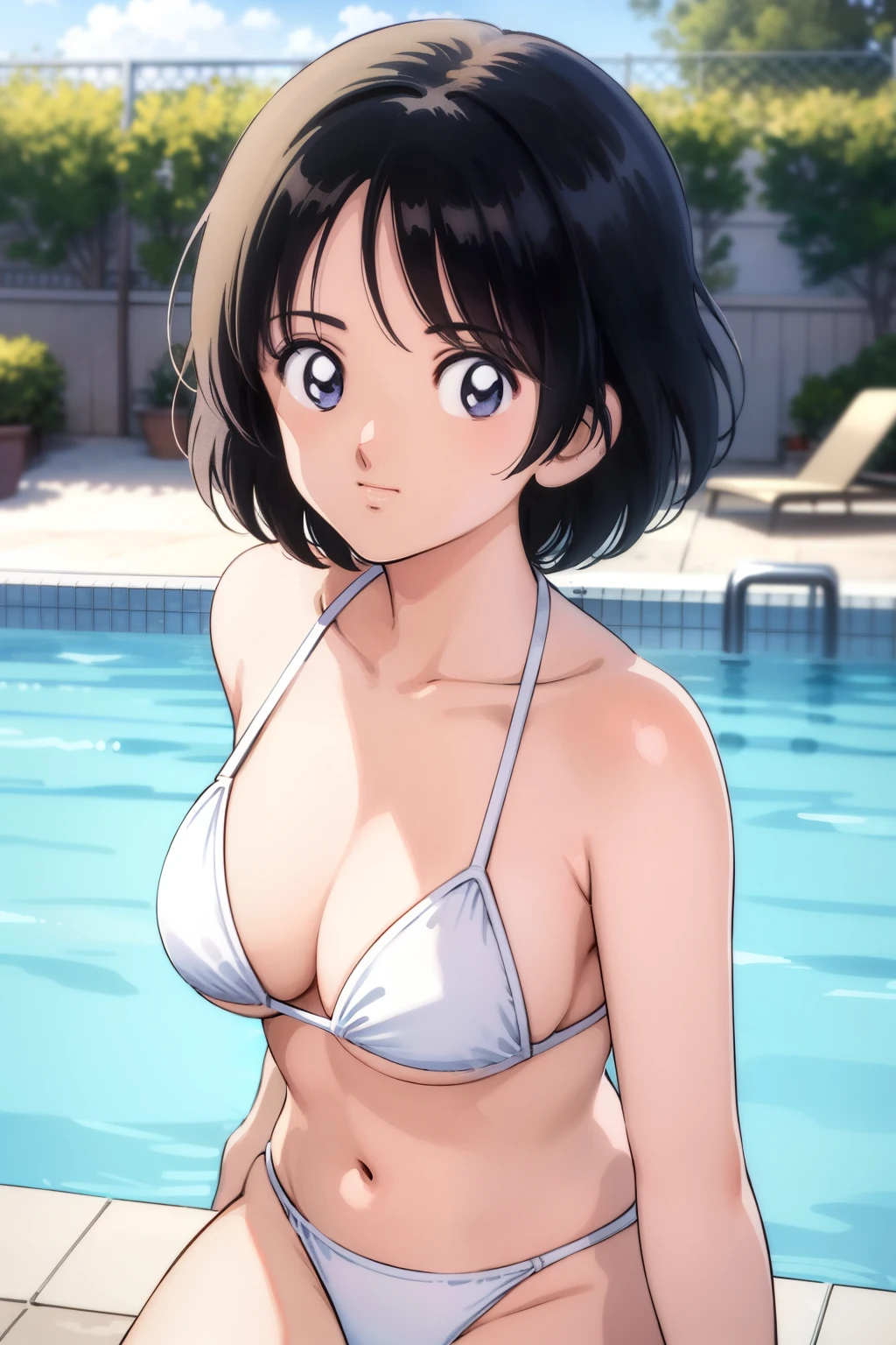((masutepiece, Best Quality, High resolution, extremely detailed 8K, Beautiful girl with a slender body, Ultra HD, Ultra-detailed, anime screen cap:1.3, anime colours:1.2)), suguha, (1girl in), (Black hair, bob cuts), emphasizing breasts, (Put your hands on your chest:1.5), facing at camera, (beautifull detailed face, Beautiful detailed eyes, Beautiful detailed body), (Oversized sagging breasts: 1.5), (White Micro Bikini, Thin material, Wet and sheer bikini):1.5, cleavage, bulging nipple:1.2, Upper body, Front camera work:1.5, Sweat, (Sunlight), a park, (thick outline, Beautiful outlines, black outlines)