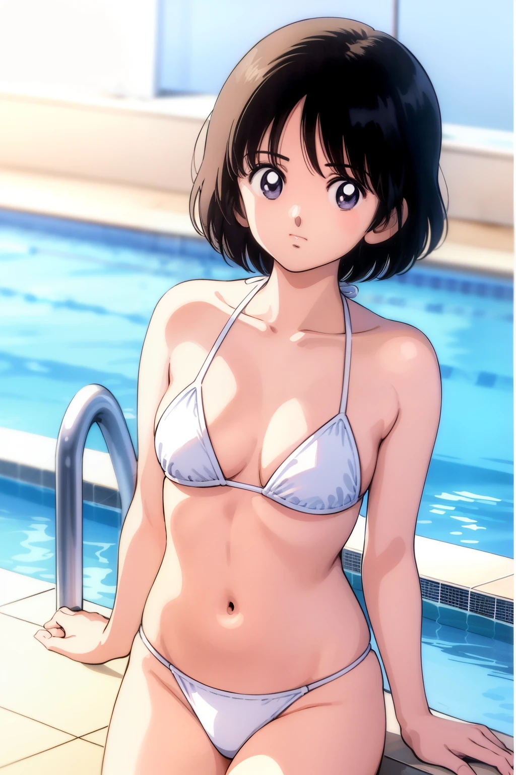 (masterpiece), (Best Quality), (detailed), (High resolution),( Very delicate and beautiful), Anime Color), One girl, (Haruka), Black Hair, Short Hair, bangs, View your viewers, Mid-chest, Clevis, (white Micro Bikini), cowboy shot, outdoor, pool