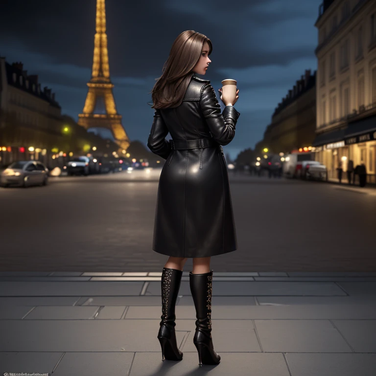 back view, full height, woman completely , black leather coat to the ankles,black boots with thin heels, Ultrarealist, meticulously detailed, brown hair,  (average hair length),  young woman,  cup in hand, on the street, Night, approach, outside, TERRACE coffee, evening, at the Eiffel Tower,Very detailed, high quality, in detail, Realistic anatomy, Best quality, masterpiece, Very detailed, 