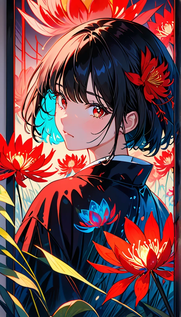 Black painted canvas, Simple Art, Red spider lily flowers painted with neon lights, Sharp contours, Double exposure, Transparent lotus flower reflection inside the outline, Holographic Coating, The effects of red spider lilies, tears, Girl、Bobcut、Bangs、kimono、Girlのシルエット