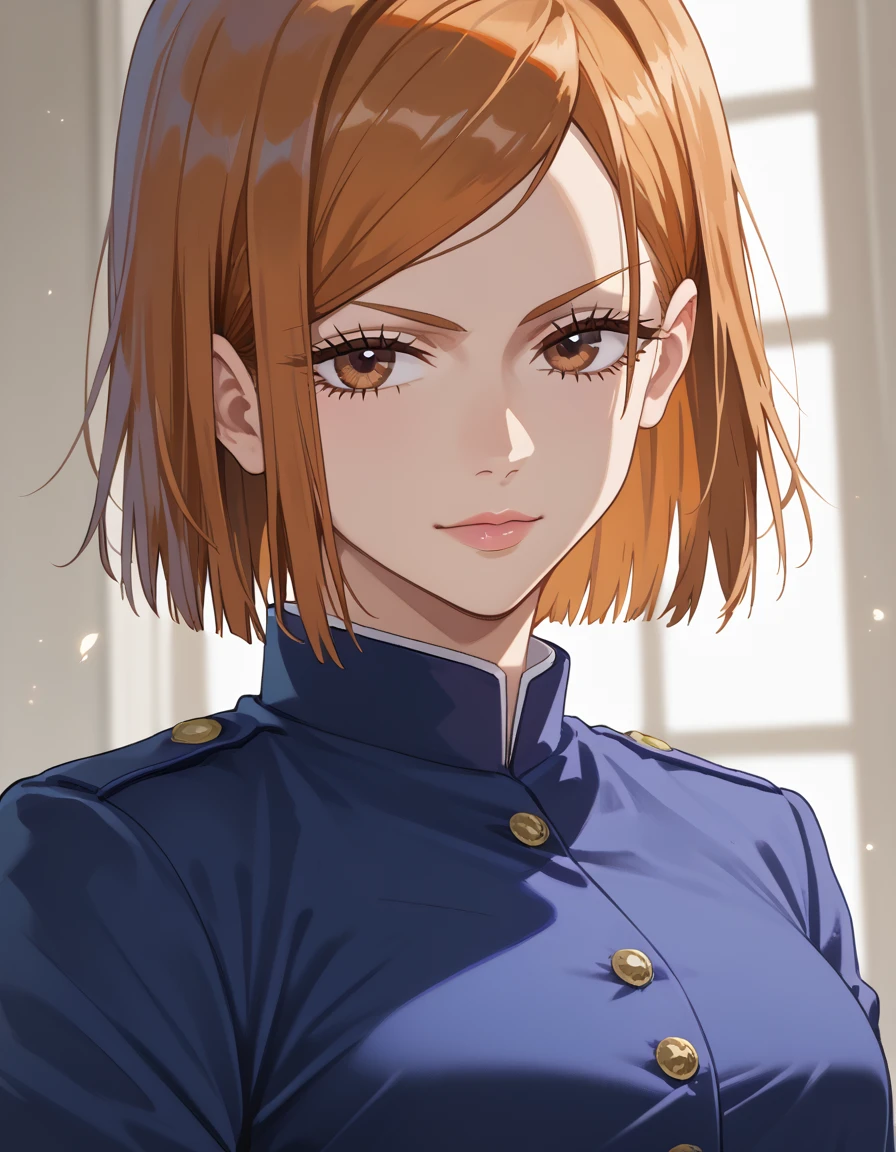 (masterpiece), (Best Quality), (Very detailed), (Best illustrations), (Best Shadow), (Absurd), nobarakugisakinovaShort hair, Orange Hair, ((Brown eyes)), Nobara Kugisaki, uniform, One girl, Alone, jacket, bangs, gakuran, Mouth closed, Long sleeve, View your viewers, Upper Body, tits
