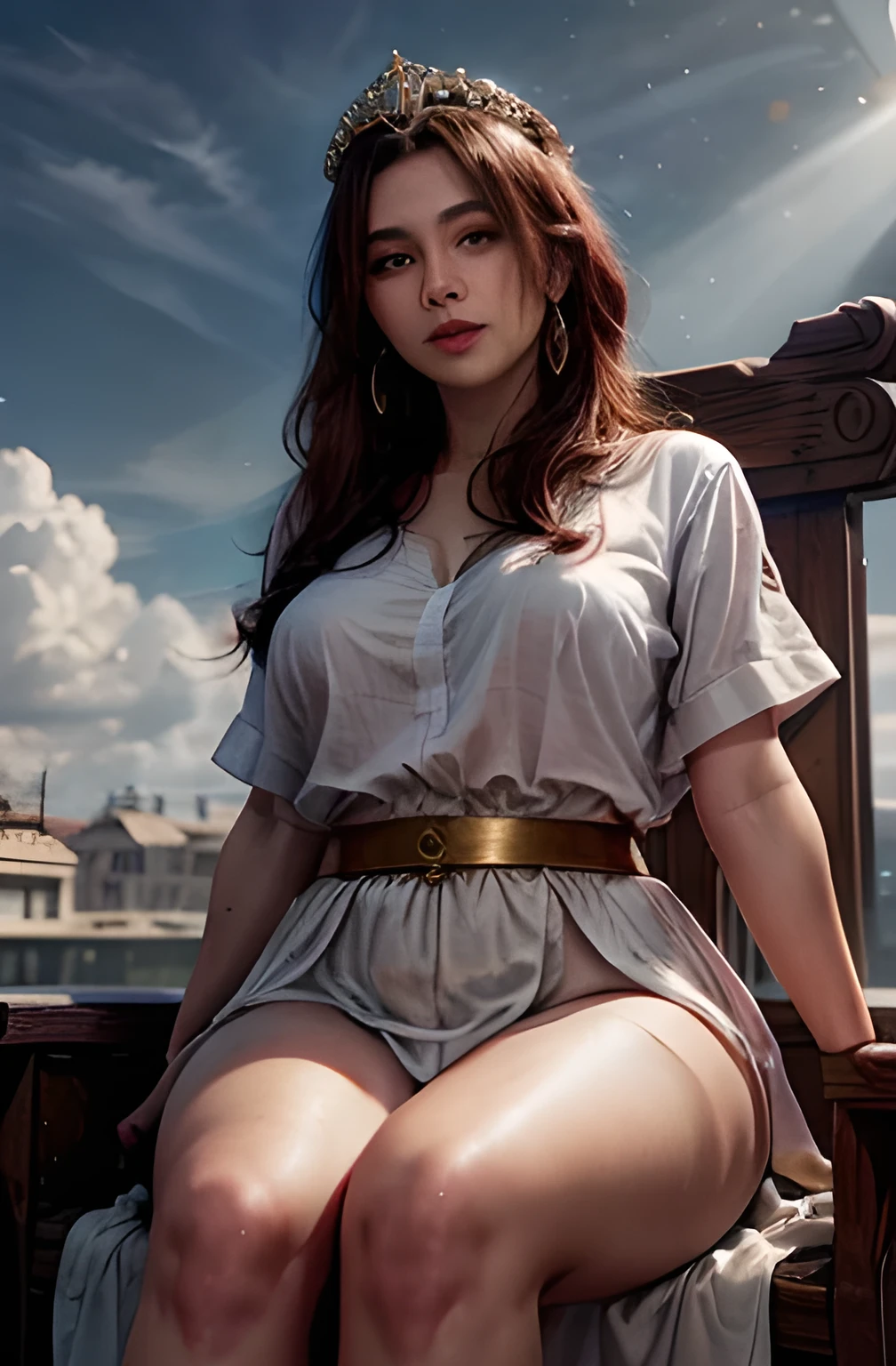 Cowboy shot, anatomically correct, highres, high detail, frontal plane. Predominant colors: white, golden, blue. Background: An imposing marble throne floating above the clouds in the sky during a sunny day, god rays. Sitting majestically on the throne, a curvy Spanish woman in her forties, dressed in a sexy Greek toga, short wavy brown hair, golden glowing eyes, golden leaves tiara, golden earrings, blushed face, parted lips, seductive smile.