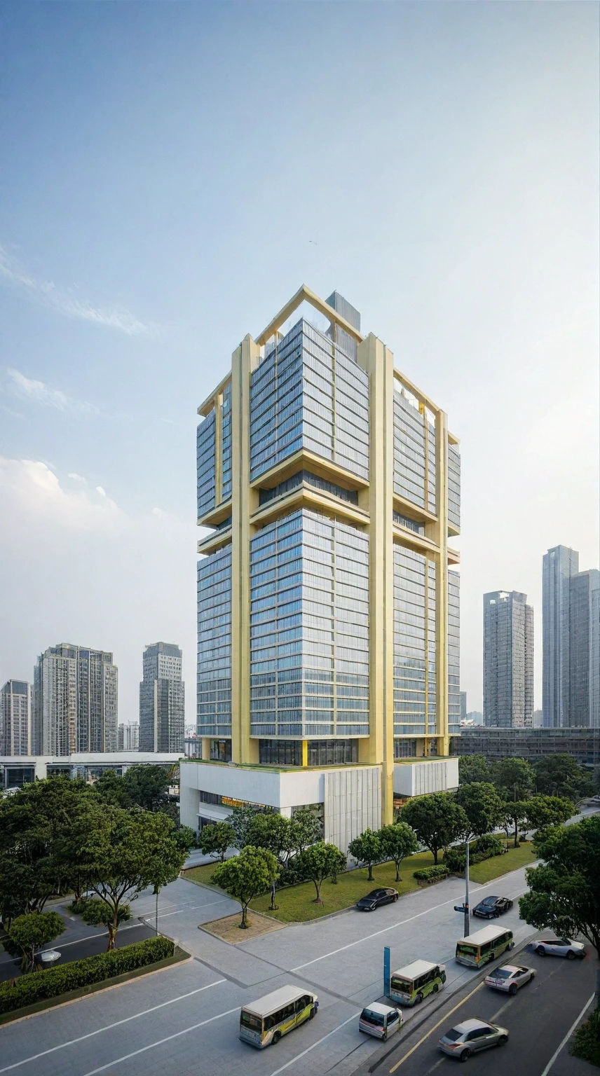 shangyejie, a residential towers, with a small podium at the ground floor and white color, in the Ho Chi Minh city in Viet Nam, designed in the style of modern architectural style. light yellow, random color, The towers have rectangular balconies on each side.side view,During the daytime, natural lighting, architectural photography, masterpiece, best quality, photorealism, ultra relistic, 