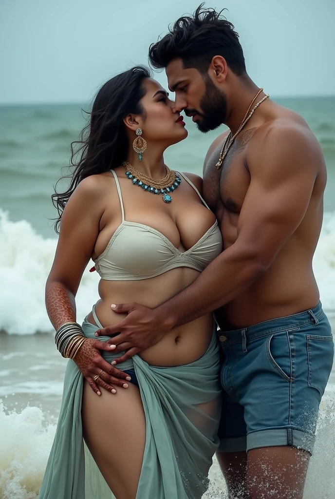 A beautiful gorgeous plump Indian 45-year-old woman wearing bra panty huge breasts, cleavage, big ass, hot body curves, kissing a 21 years old handsome man lips in beach, both are kissing each other lips passionate sexy pose, man wearing shirt and pant