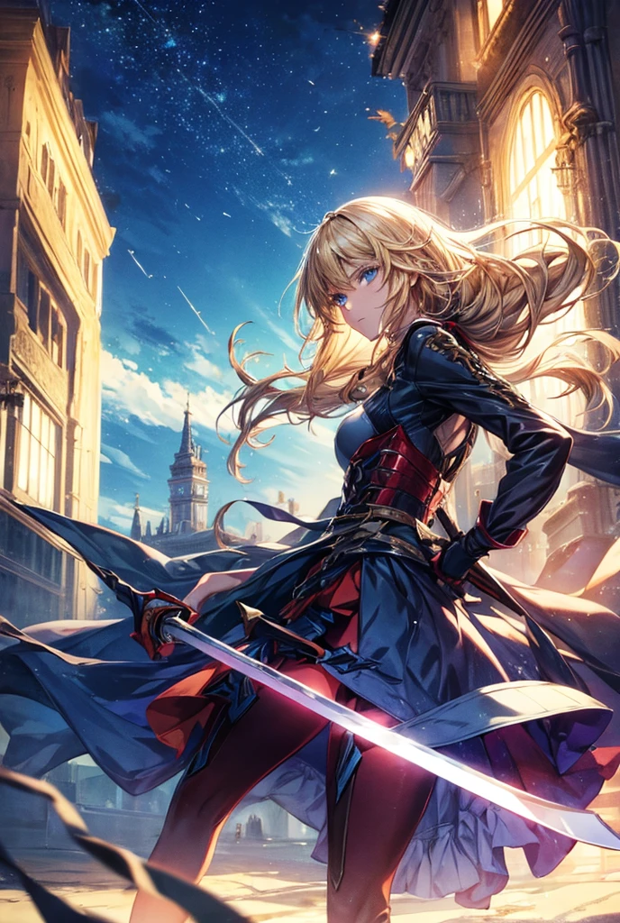 anime, female, swordsman, running at full speed, jumping, sword fighting, serious look, looking ahead, semi long, low twintails, shiny hair, wavy hair, blonde, gradient hair, blue eyes, with sparkling eyes, shiny skin, slender, with a sword, adult, Epic Battle Scene, in the grassland, with a tower, at night, cowboy shot, front view, ground-level shot, dynamic angle, cowboy shot, moonlight, shining lights