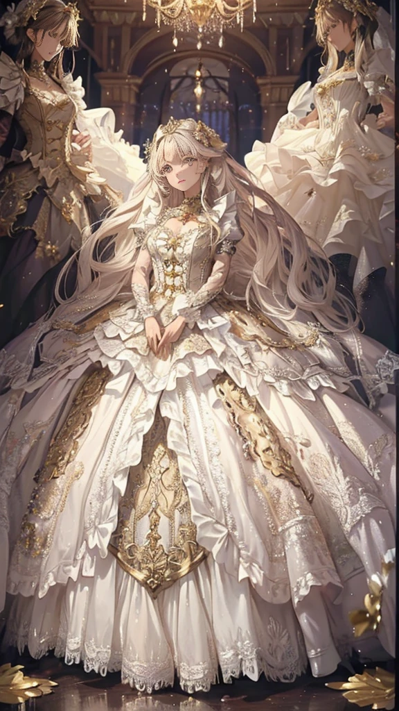 Ultra-realistic photo of a girl in a majestic purple and golden black ball gown dress,big beautiful dress, Intricate billowing ball gown with lots of ruffles and rhinestones, muste piece, art station, fantasy art:1.2), palace room, beautiful cute girl, (long white hair:1.1), (intricate short gold skirt, barefoot:1.2, full body shot)