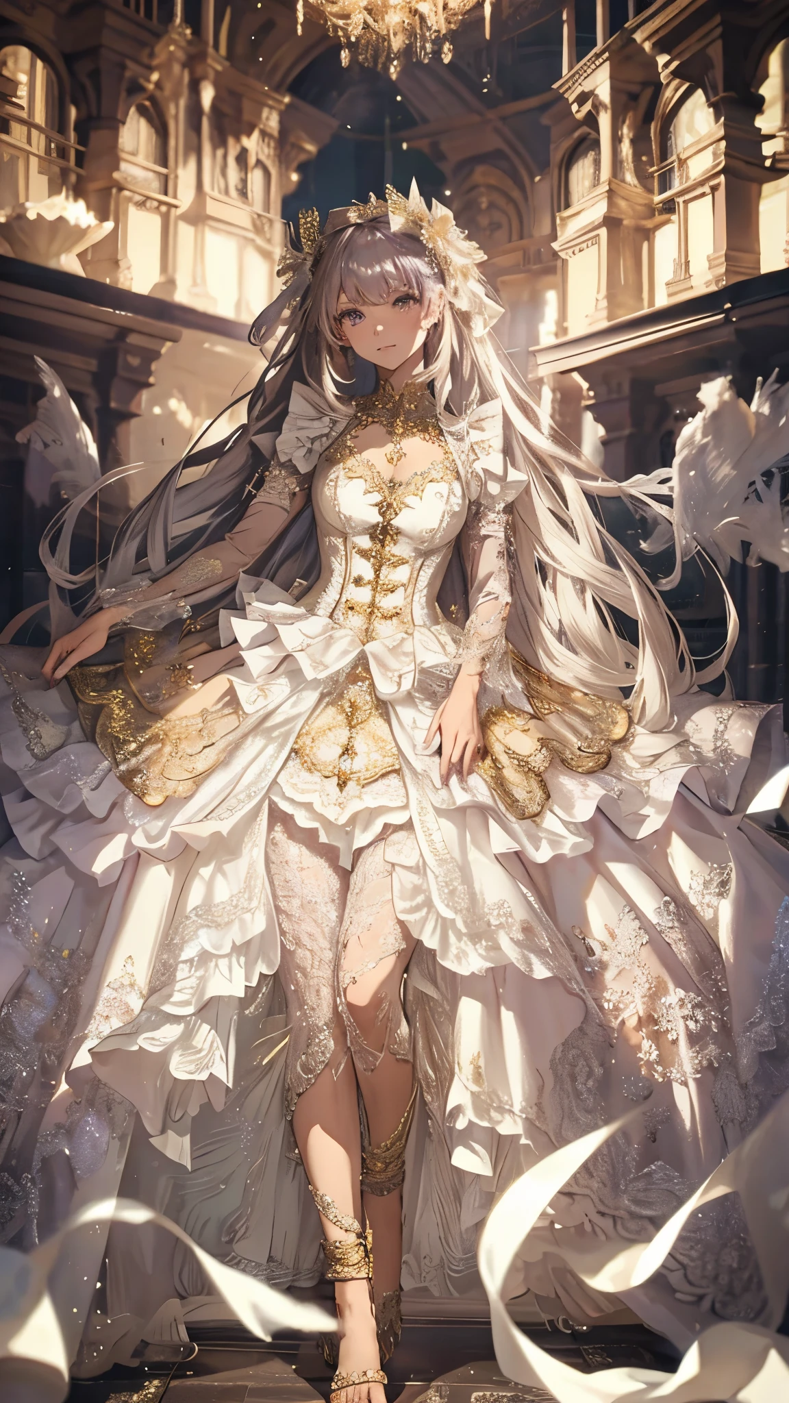 Ultra-realistic photo of a girl in a majestic purple and golden black ball gown dress,big beautiful dress, Intricate billowing ball gown with lots of ruffles and rhinestones, muste piece, art station, fantasy art:1.2), palace room, beautiful cute girl, (long white hair:1.1), (intricate short gold skirt, barefoot:1.2, full body shot)