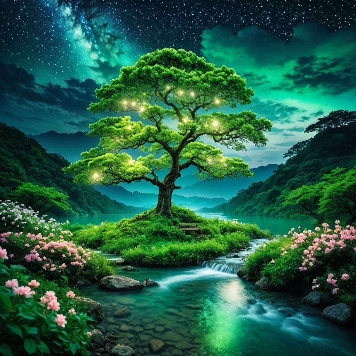 (magical pretty night null green stream overlay scene), (null), (cloud), Soft lighting, Clean background, Beautiful scenery masterpiece, high quality, Beautiful graphics, high detail, Amazing views, garden, flower, cloud, (night starry null, River behind, There is a huge old tree behind々, 輝くピンクのflowerびらが後ろに落ちる)