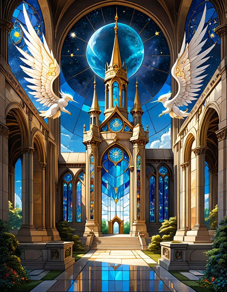 a Architectural Design of a celestial temple with angelic wings, towers, bridges, turrets, gates stained glass windows, 