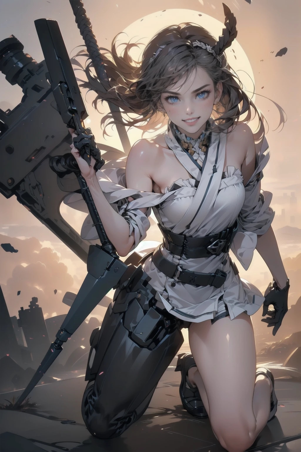 Fullbody 128k Bluray Extreme UHD 4K High quality anime image . My attention is drawn to an incredibly beautiful woman with short, straight black hair with red ombré that is pulled back with a metal headband, full lips and dark eyes. She is tough in her demeanor. She stands in the city with her weapon like axe in hand. She wears a maid uniform and long pantyhose along with high heels.” Rendered in stunning 4K and UHD resolution using Octane Render CGI technology, everything comes to life in a mesmerizing 16K masterpiece, with an aura fascinating and high level of detail, anime illustration with stern look in eyes, cyber punk illustration, beautiful anime woman with dark hair, 4K, UHD, Ultra HD 4K image, extremely fascinating sifi light, intricate details , extremely detailed, incredibly detailed.holding a axe like sword with two handles.