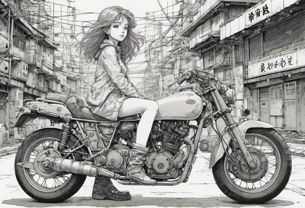 anime line art, por Naoki Urasawa, esBoço, best qualityer, oBra de arte, very aesthetic, perfect composition, details Intricate, ultra detali, B&au, girl ride a future motorbike