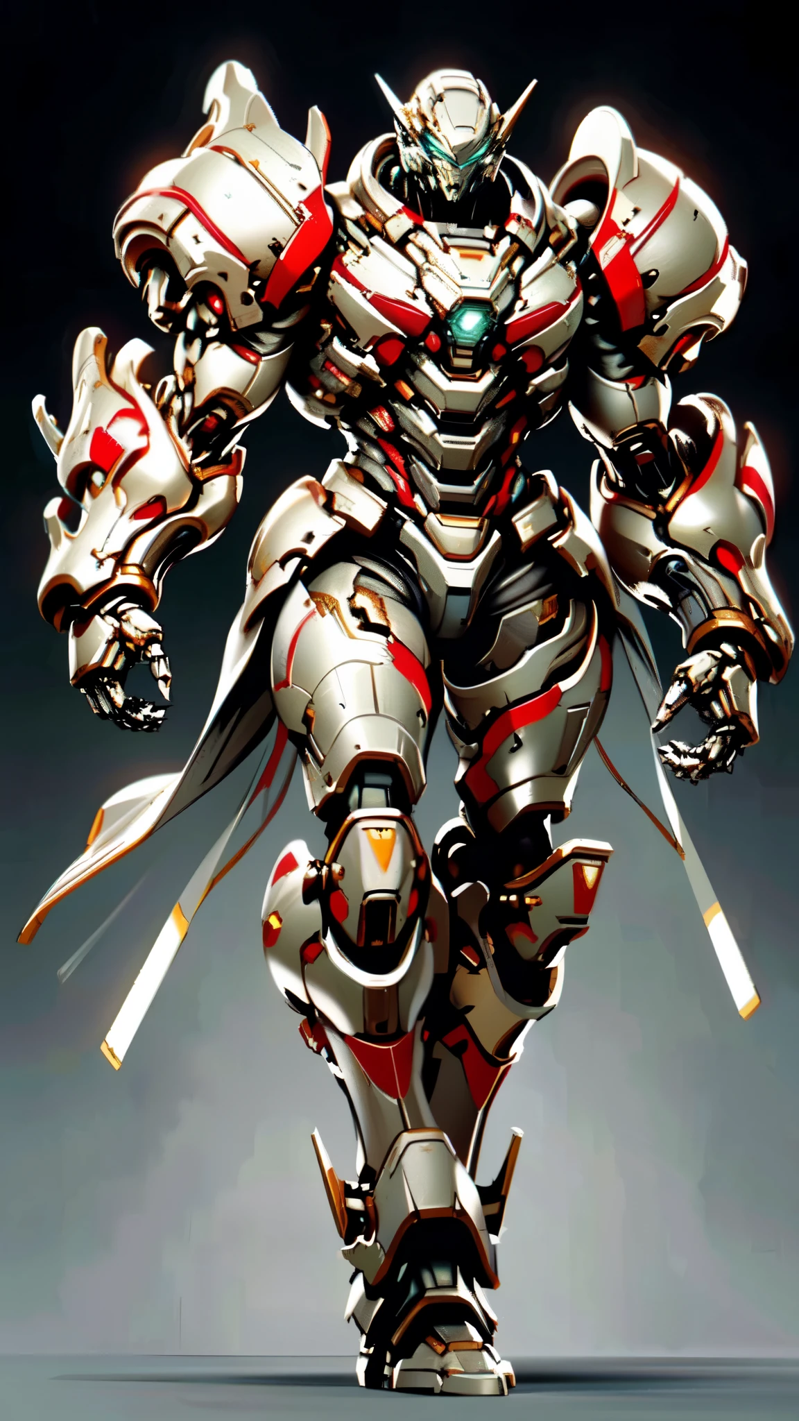 (masterpiece:1.5, best quality:1.5, extremely delicate:1.5), (male:1.5), humanoid Mecha, fully enclosed shoulder guards, matching arm and leg guards, full body, full armor, the design balances heavy with agility, (the color scheme is primarily Black with White and Red accents, the concept Inspired by Robot Anime, ROBOTANIMESTYLE), organic biotech armor, standing, floating high above the futuristic sci-fi city, exquisite and mature art style, (aura effect, glowing eyes, the armor glows), metallic, dramatic, high definition, highres, ultra-detailed, ultra-fine painting, professional, perfect body proportions, anatomically correct, symmetrical face, extremely detailed eyes and face, high quality eyes, creativity, RAW photo, UHD, 32k, Natural light, cinematic lighting, masterpiece-anatomy-perfect