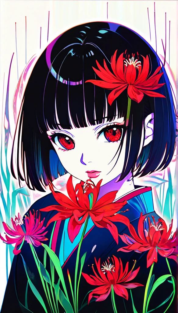 Black painted canvas, Simple Art, Red spider lily flowers painted with neon lights, Sharp contours, Double exposure, Transparent lotus flower reflection inside the outline, Holographic Coating, The effects of red spider lilies, tears, Girl、Bobcut、Bangs、kimono、Girlのシルエット