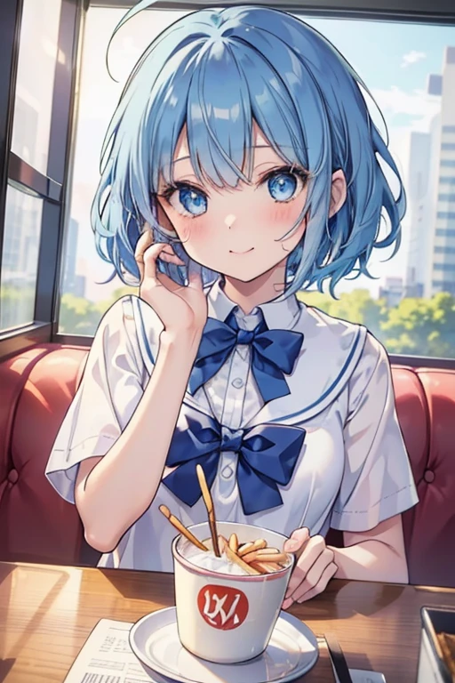 (((beautiful detailed)))(cute face:1.2)1girl, A girl stuffing her mouse with french fries, Girl laughing while eating a french fries, Inside a 2000s-style diner, 2024s-style interior, light Navy blue hair, blue eyes, A short-sleeved white shirt with four vertical bow ties, Ahoge, long bob cut with fluffy hair(sharp lines:1.2)(clear line:1.2)(eye details:1.3)(thick border:1.4) animation cel style,ligne claire, limited palette((masterpiece, high quality, best quality))(high contrast: 0.5),Anna yanami, blue hair, blue eyes, school uniform, makeine, too many losing heroines, watercolor pencil, paper texture,Anna yanami, blue hair, blue eyes, school uniform, makeine, too many losing heroines, 