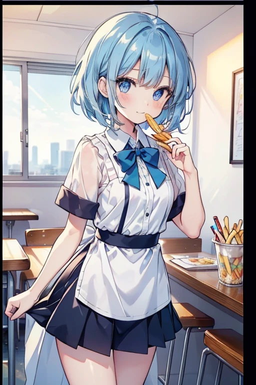 (((beautiful detailed)))(cute face:1.2)1girl, A girl stuffing her mouse with french fries, Girl laughing while eating a french fries, Inside a 2000s-style diner, 2024s-style interior, light Navy blue hair, blue eyes, A short-sleeved white shirt with four vertical bow ties, Ahoge, long bob cut with fluffy hair(sharp lines:1.2)(clear line:1.2)(eye details:1.3)(thick border:1.4) animation cel style,ligne claire, limited palette((masterpiece, high quality, best quality))(high contrast: 0.5),Anna yanami, blue hair, blue eyes, school uniform, makeine, too many losing heroines, watercolor pencil, paper texture,Anna yanami, blue hair, blue eyes, school uniform, makeine, too many losing heroines, 