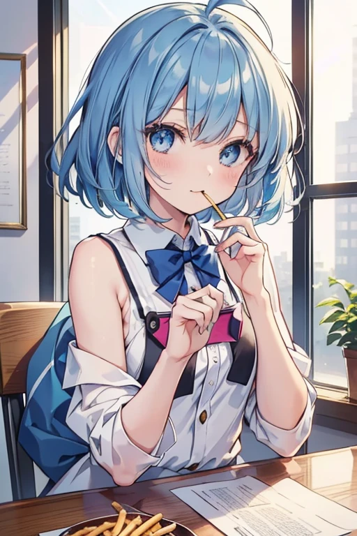 (((beautiful detailed)))(cute face:1.2)1girl, A girl stuffing her mouse with french fries, Girl laughing while eating a french fries, Inside a 2000s-style diner, 2024s-style interior, light Navy blue hair, blue eyes, A short-sleeved white shirt with four vertical bow ties, Ahoge, long bob cut with fluffy hair(sharp lines:1.2)(clear line:1.2)(eye details:1.3)(thick border:1.4) animation cel style,ligne claire, limited palette((masterpiece, high quality, best quality))(high contrast: 0.5),Anna yanami, blue hair, blue eyes, school uniform, makeine, too many losing heroines, watercolor pencil, paper texture,Anna yanami, blue hair, blue eyes, school uniform, makeine, too many losing heroines, 