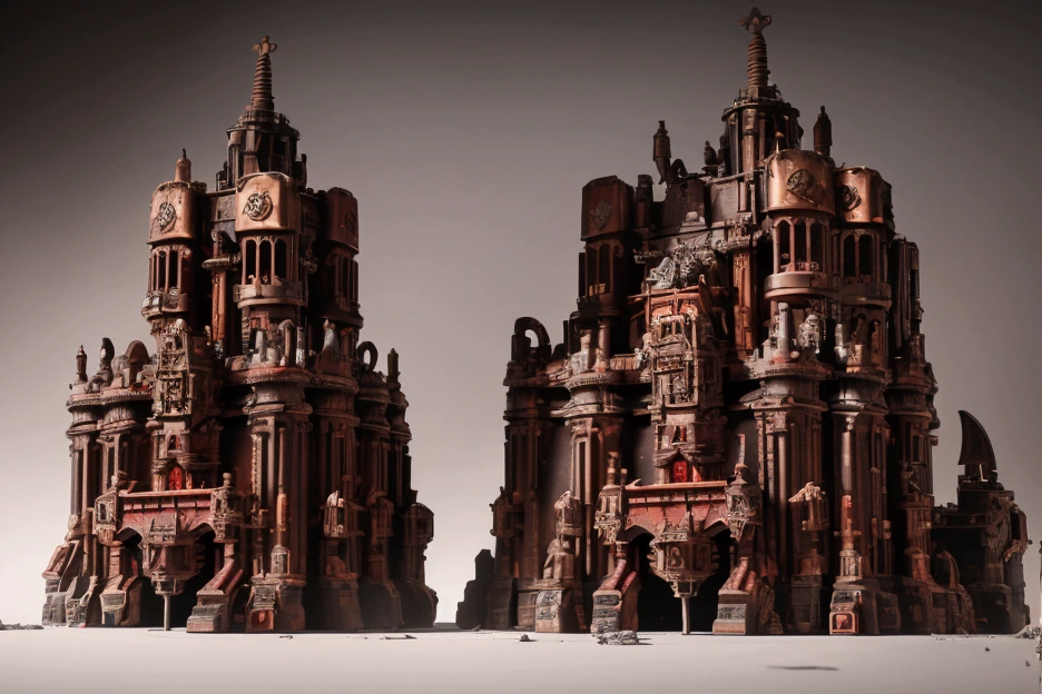 a warhammer 40k mechanicus temple to the omnissiah, gothic city, steampunk, pristine temple with bronze gears and stained glass, (best quality,4k,8k,highres,masterpiece:1.2),ultra-detailed,(realistic,photorealistic,photo-realistic:1.37),intricate details,cinematic lighting,dramatic shadows,glowing lights,brass mechanisms,steam powered machinery,crumbling buildings,rusting pipes,smog filled sky,ominous atmosphere, the cathedral is flanked on either side by red paint themed Titans (god engine Robots with huge weaponry and gothic styling, a tiny cathedral is above each ones shoulders)
