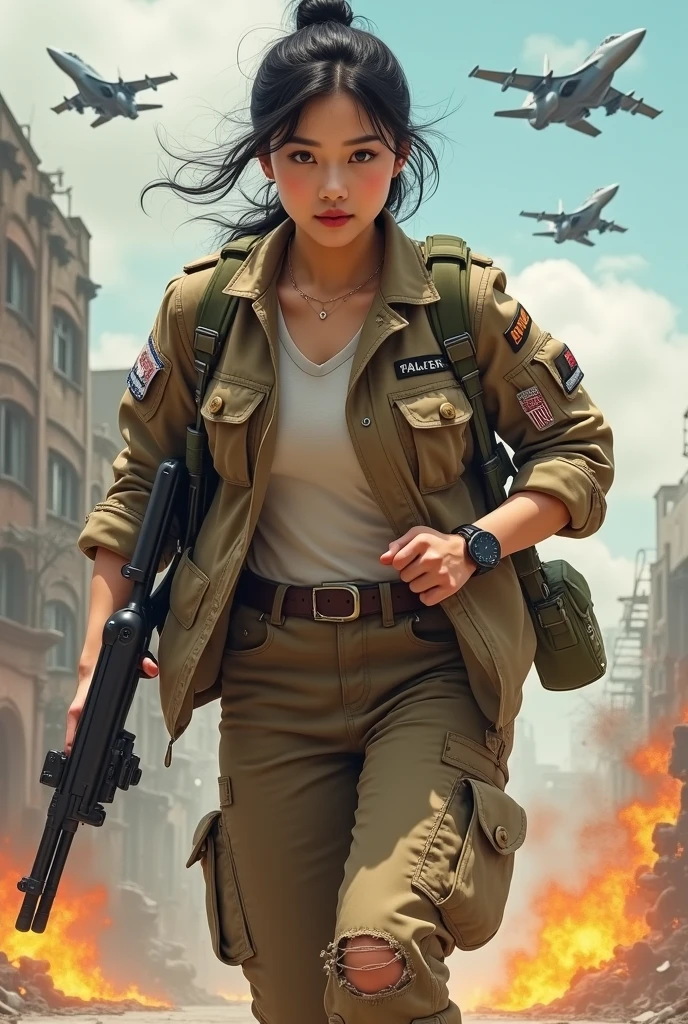 Movie poster commando Portuguese, beautiful woman, medium dark long hair, sunglasses, with big gun in hand, black clothes, rivets, explosions, cars, planes, just one body