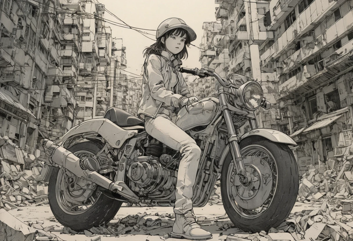 anime line art, por Naoki Urasawa, esBoço, best qualityer, oBra de arte, very aesthetic, perfect composition, details Intricate, ultra detali, B&au, girl ride a future motorbike