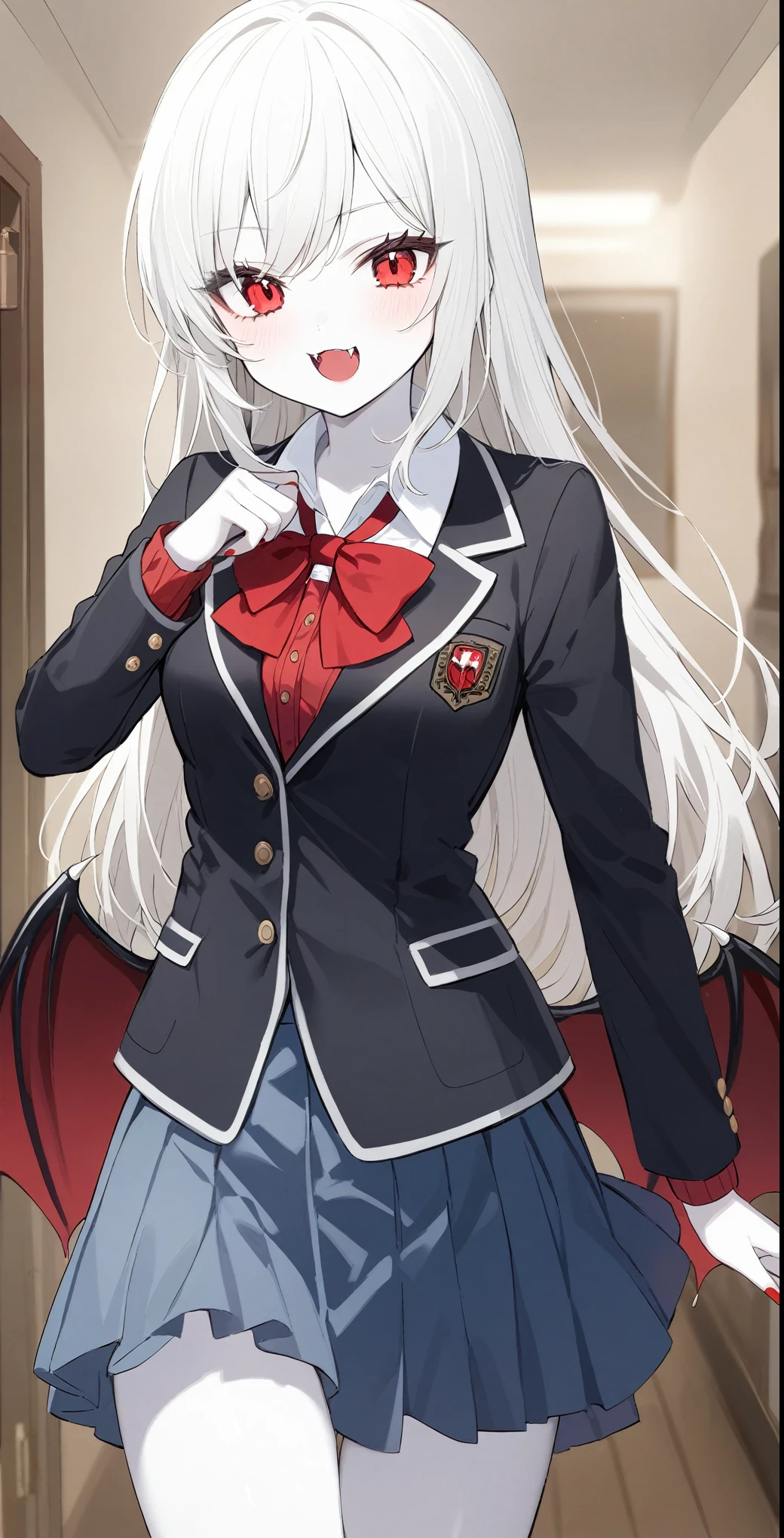 1 Girl、Red eyes、Fangs growing、vampire、Junior high school students、Pure white pale skin、Pure white hair、Wearing a shirt、Wearing a skirt、Wearing a blazer、Height 170cm or more、vampire学校の生徒、Slightly larger breasts、Red nails、vampire化した***