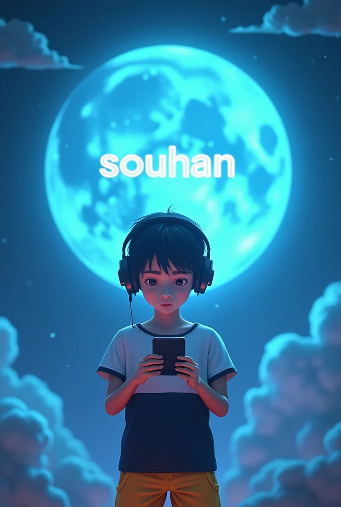 A boy seeing the moon at midnight in sybar punks neon city with red and blue lights and Ahsan written on the sky with Stars