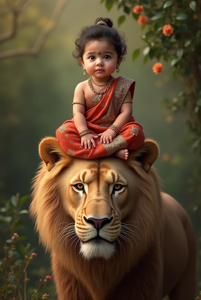 "Create an ultra-realistic image of Goddess Skandamata, depicted in her nurturing and powerful form, riding an enormous, majestic lion. She should be dressed in a vibrant green saree, symbolizing growth, fertility, and divine energy. The saree should be richly embroidered with gold patterns, reflecting her regal status. Her skin should have a radiant, golden glow, symbolizing her divine nature, and her face should be serene and motherly, with large, compassionate eyes and a gentle smile that exudes both grace and strength.
In her arms, she should be holding her son, Lord Kartikeya (also known as Skanda), with tender care. Baby Kartikeya should be depicted as a beautiful child with a divine aura, seated comfortably in his mother's arms, perhaps holding a small weapon like a spear, symbolizing his future role as a warrior god.
The lion she rides should be depicted as extremely large and powerful, with a thick mane and a fierce yet loyal expression, symbolizing courage and protection. The lion’s size and majesty should enhance the divine presence of the goddess.
The background should feature a celestial landscape, with soft, golden light and subtle elements like swirling clouds or a glowing sky, creating an atmosphere that reflects both the nurturing and powerful aspects of Goddess Skandamata. The overall image should capture the essence of her maternal grace, divine authority, and protective strength, presented in a highly realistic and detailed manner."