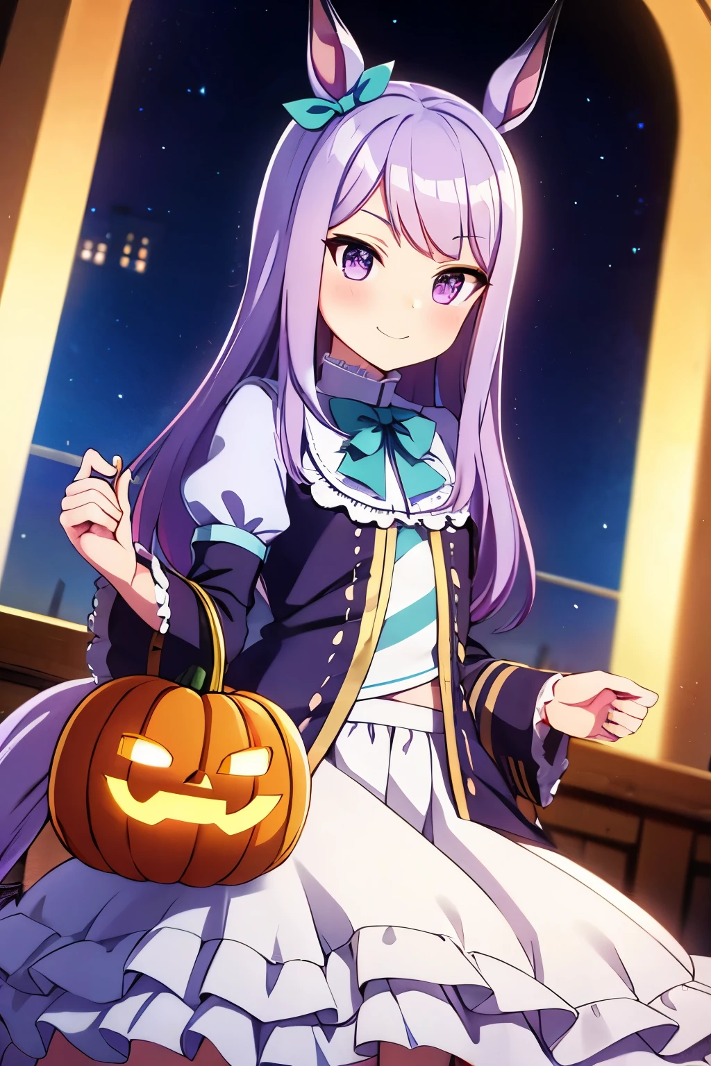  ,Night , Light purple hair, flat chest , seductive smile, wizard white ****ta fashion ,long skirt,pumpkin, horse ear, Horse tail, candy