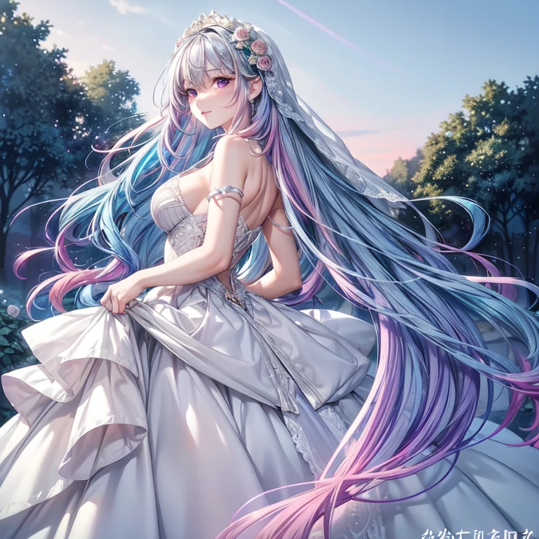 (masterpiece, best quality, beautiful and aesthetic:1.3), look back, side view, 1girl, solo, light smile, (Silver blue hair streaked pink purple:1.4), (Gradient sky blue hair ends:1.6), hair strand, absurdly long hair, single sidelock, wavy hair, shiny hair, floating hair, (deep purple eyes), delicate eyes, aqua eyes, super high detailed eyes, long upper eyelashes, makeup, Focus on face, Very detailed facial, Pretty Face, Perfect breasts, hot body, (Delicate skin texture:1.2), bridal veil, lace-trimmed dress, see-through, wedding dress, outdoors, white roses, garden, morning, standing, extreme detailed,