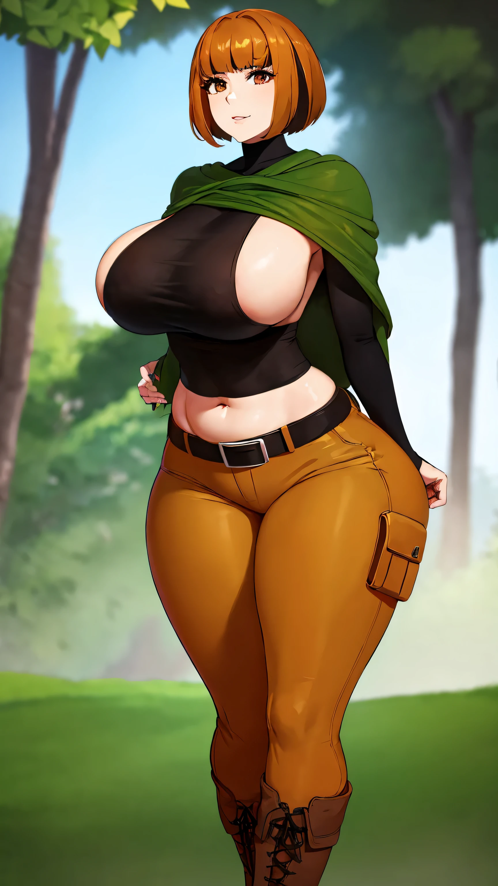 A tall beautiful Peruvian girl with big breasts, rich, beautiful attraction, short brown hair, her brown eyes are dressed in a green outfit with a blanket underneath a top, a metallic black bra, showing her belly button and orange pants with a black belt and a long black boot.